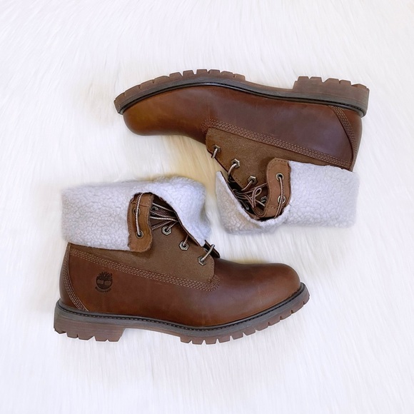 Timberland Women’s Authentics Teddy Fleece Waterproof Fold Down Brown Boot - Picture 6 of 9